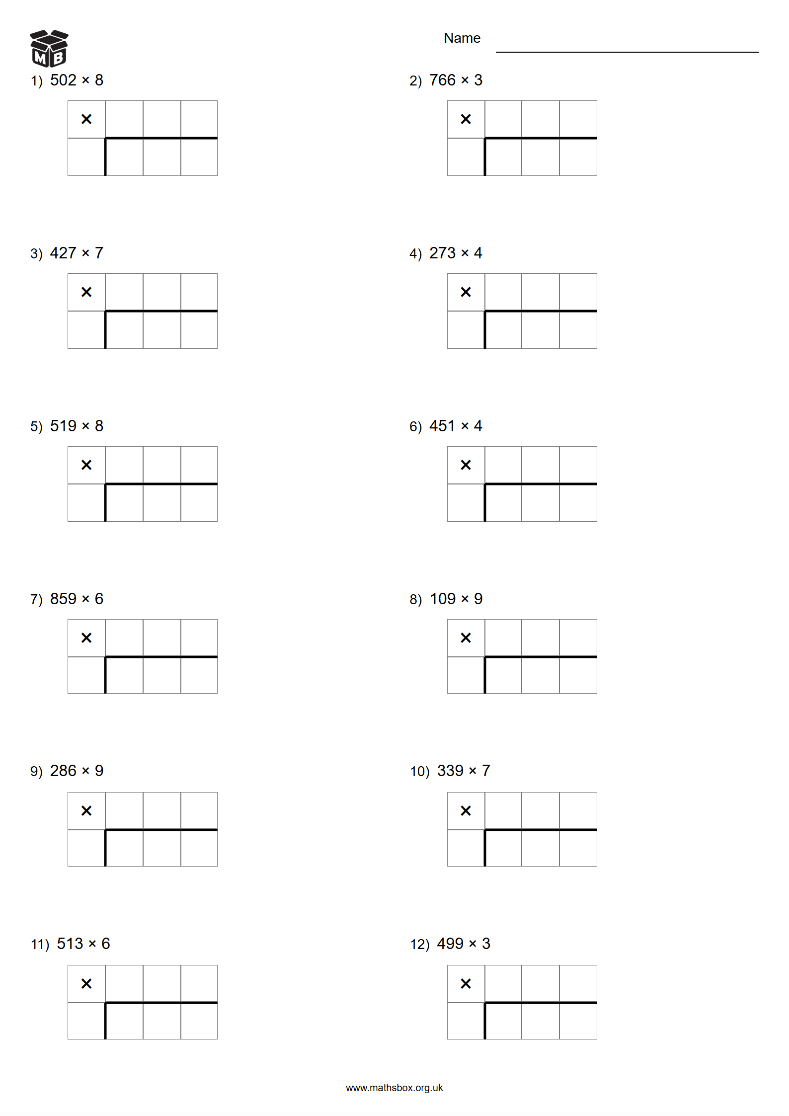 3-digit × 1-digit Grid Multiplication Quick Print