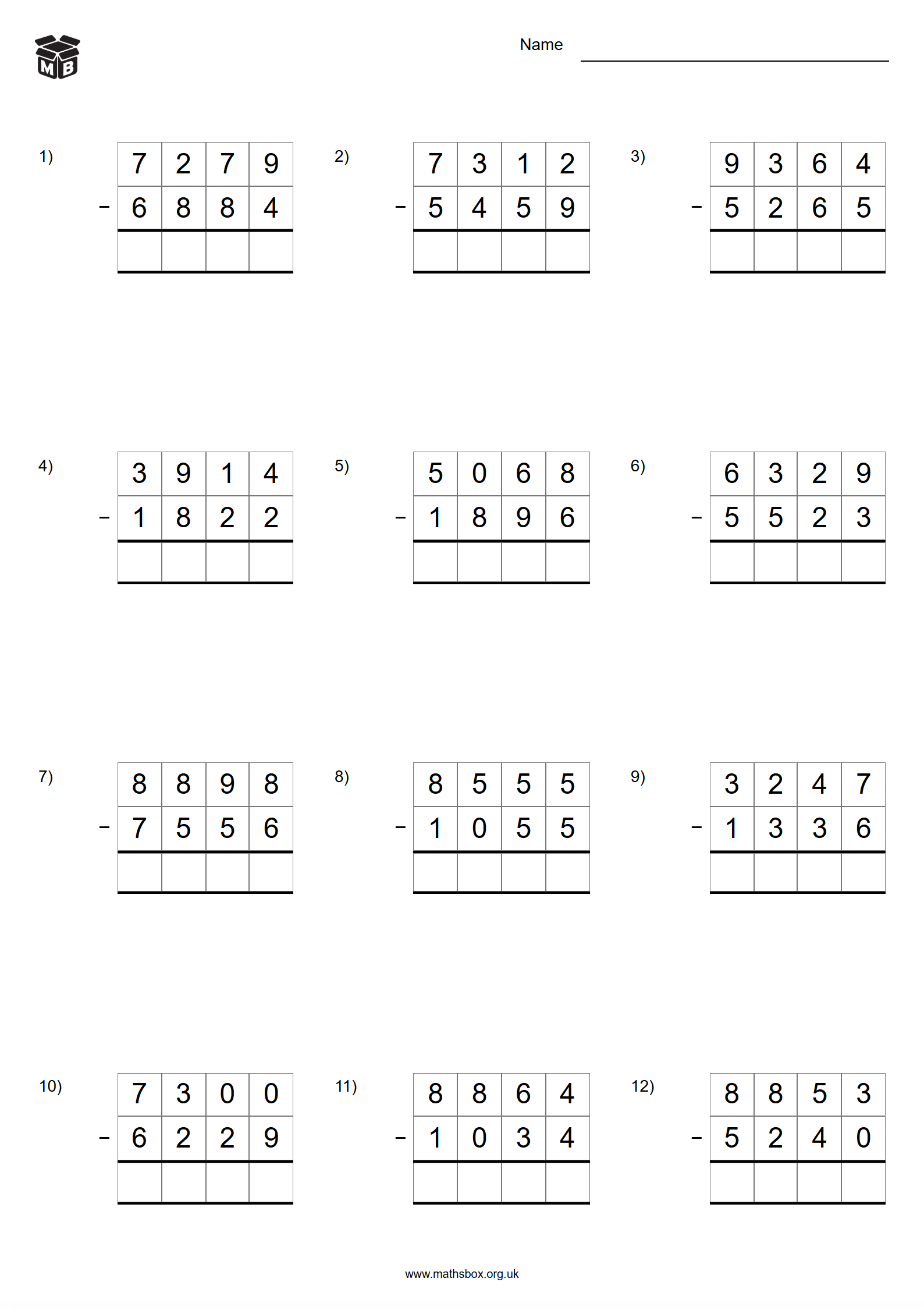 4-digit Subtraction Quick Print